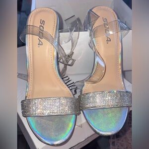 Soda Women's Silver Holographic Heels with Clear Straps